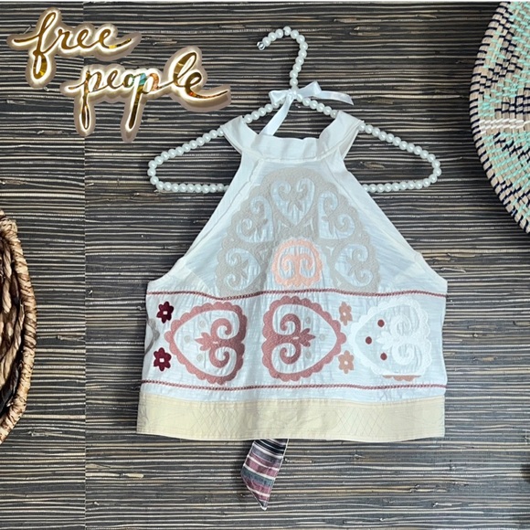 Free People Tops - Unique🌵 Free People Adorn Me Embroidered Halter Top Medium Ivory/Brown/Peach